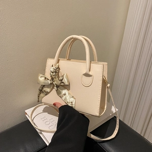 Women Fashion PU Leather Small Square Bag With Satin Scarf Decor Minimalist Crossbody Shoulder Bag For Daily Commute