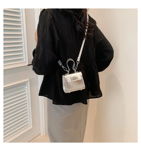 Detail of silver metallic mini bag with classic turn-lock closure and shoulder strap