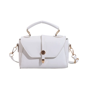 Elegant white square crossbody bag with gold round clasp and top handle for women