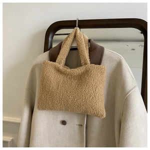 Chic khaki sherpa fleece tote bag with soft minimalist teddy fabric handle design