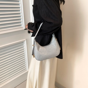Chic silver sequin crescent underarm bag for women with sleek zipper and party style