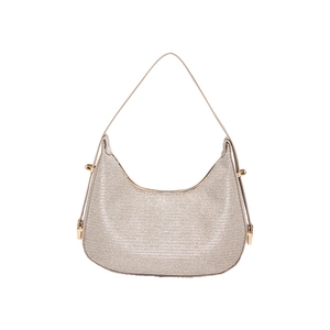 Sparkling champagne hobo shoulder bag with a metallic glitter finish and gold buckles