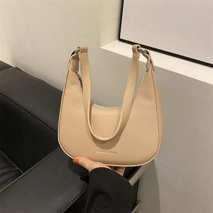Women Hobo Shoulder Bag PU Leather Litchi Grain Half Moon Underarm Bag With Silver Chain Detail Fashion Letter Print Bag