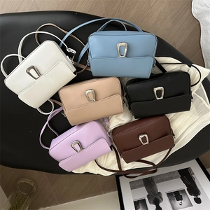 Minimalist square crossbody bags with U-shaped metal buckles in six diverse colors