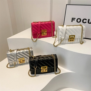Summer vintage quilted crossbody bags with gold chains in fuchsia, white, silver, and black