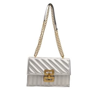 Silver quilted crossbody bag with gold chain strap and rectangular lock for women