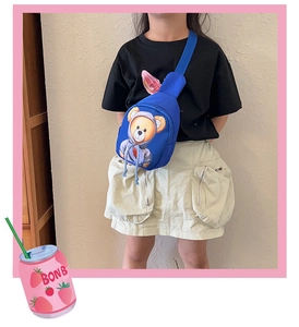Detail view of bright blue kids crossbody bag with a cute cartoon bear print decoration