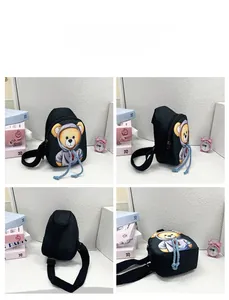 Detailed four-angle view of a black mini nylon fanny pack with a cartoon teddy bear