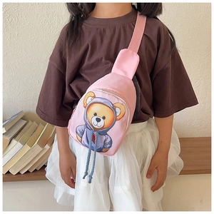 Close-up of pink children's fanny pack with a cute hoodie bear print and blue drawstring