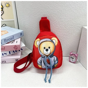 Detail of red nylon bear crossbody bag with adjustable strap and cute cartoon print