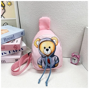 Detailed view of pink nylon kids chest bag with cartoon bear and drawstring decor