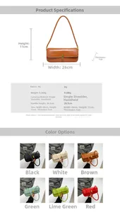Size chart and specifications for PU leather shoulder bag featuring multi-color options
