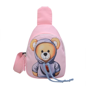 Pink kids chest bag with cute cartoon bear print and adjustable woven strap