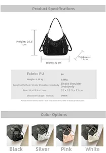 Detailed size and color chart for large capacity PU leather hobo bag with long strap