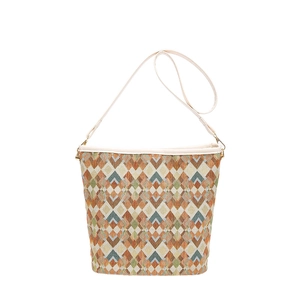 Sac seau chic en jacquard géométrique avec bandoulières en cuir crème et boucles