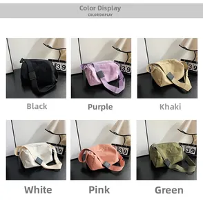 Detail showing various colors of corduroy crossbody bags with adjustable straps
