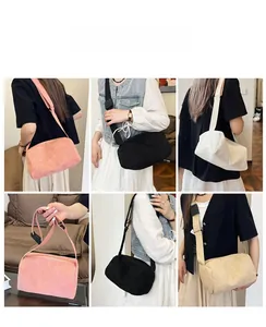 Macro view showing four colors of corduroy crossbody bags with adjustable straps
