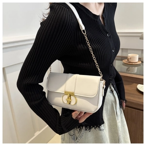 Detail of white rectangle shoulder bag with gold chain strap and ring turn-lock clasp