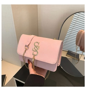 Detail of light pink crossbody bag with gold chain strap and decorative tassel