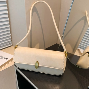 Women Minimalist PU Leather Baguette Underarm Bag Korean Style Solid Color Shoulder Bag With Metal Buckle Daily Fashion