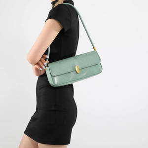 Minimalist mint green underarm bag with gold oval twist lock and smooth leather texture