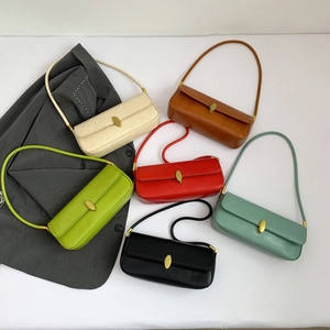 Minimalist leather baguette shoulder bags in multiple colors with elegant gold buckles