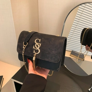 Women Small Square Crossbody Bag PU Leather Suede Texture Golden Metal S Logo Tassel Chain Strap Flap Fashion Shoulder Handbag