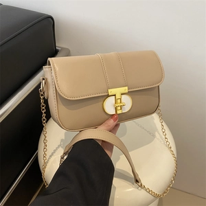 Fashion PU Leather Shoulder Crossbody Bag For Women With Metal Chain And T-Lock Minimalist Solid Color Square Bag
