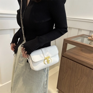 Elegant white faux leather square shoulder bag with gold chain strap and metal clasp ring