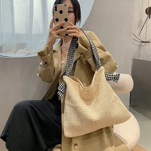 Damen Mode Stroh Gewebte Tote Bag Mit Hahnentritt Stoffriemen Schleife Große Kapazität Sommer Strand Urlaub Schultertasche