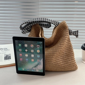 Handgewebte Stroh-Shopper-Tasche mit Hahnentritt-Riemen für Strand und Alltag
