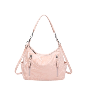 Pink marbled faux leather shoulder bag with silver zippers and adjustable strap on white background