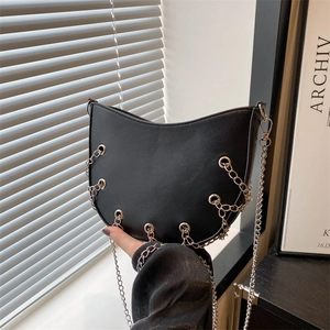 Women PU Leather Crescent Shoulder Bag Silver Chain Metal Eyelets Punk Underarm Crossbody Bag Trendy Streetwear