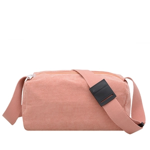 Pink corduroy crossbody pillow bag with adjustable strap and metal zipper for women