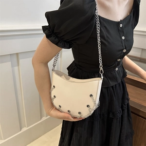 Chic white half-moon underarm bag with silver chain trim and thin shoulder strap