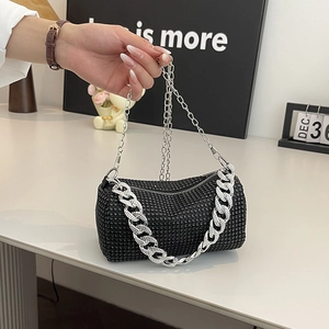 Women Rhinestone Cylinder Shoulder Bag Sparkly Pillow Crossbody Bag With Chunky Metal Chain For Party Banquet Handbag
