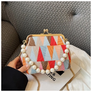 Detail of vintage patchwork shell bag with pearl handle and golden chain strap