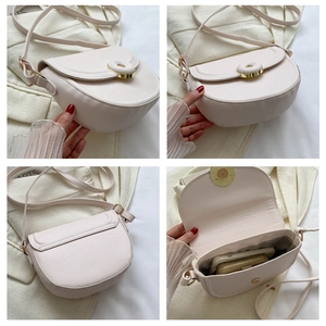 Detailed views of beige saddle bag showing interior space, magnetic clasp and structure