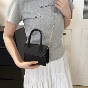 Minimalist black lychee texture mini square bag with gold chain strap for women