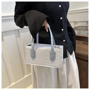 Detail of elegant crocodile pattern handbag showing rigid texture and top dual handles