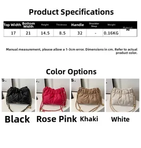 Size chart showing dimensions and colors of the quilted faux leather chain crossbody bag