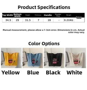 Tabella taglie borsa tote in tela con misure dettagliate e diverse opzioni di colore