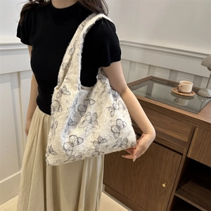 Women Butterfly Print Shoulder Tote Bag Woven Jacquard Fringe Design Large Capacity Street Style Casual Travel Handbag