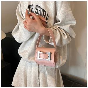 Detail of pink mini bag featuring silver butterfly metal buckle and slim chain strap