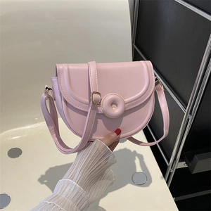 Women PU Leather Saddle Shoulder Bag Half Moon Crossbody Handbag With Round Metal Buckle Solid Color Minimalist Trendy