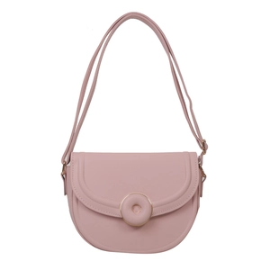 Pink faux leather saddle bag with adjustable shoulder strap and gold-tone buckle