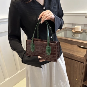 Crocodile texture brown and green handbag with rectangular structure in lifestyle setting