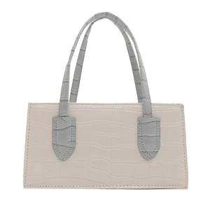 Minimalist cream white rectangular handbag with blue handles and faux crocodile texture