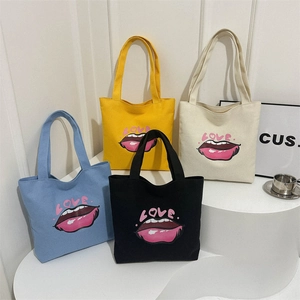 Borse tote in tela con stampa labbra LOVE in blu, giallo, bianco crema e nero