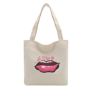 Borsa tote chic in tela con labbra rosse e stampa LOVE, grande borsa a spalla da donna